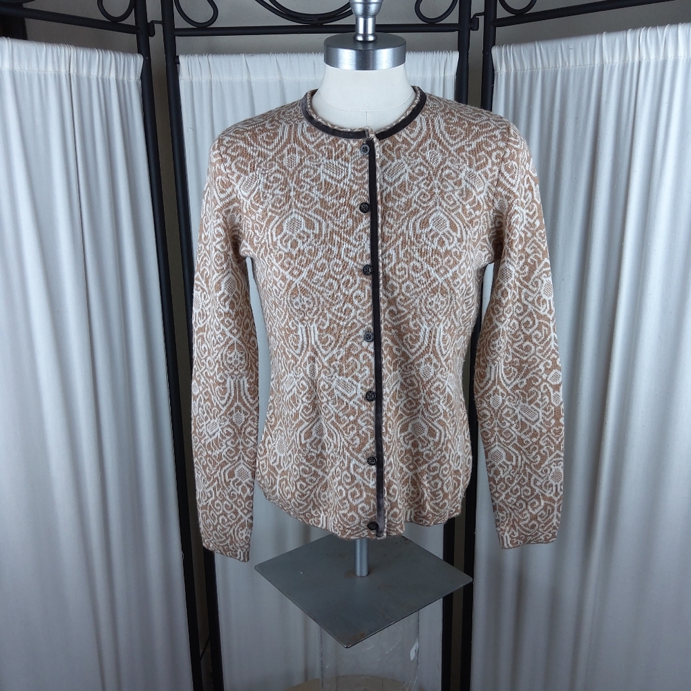 Orvis Women's Cardigan Sweater, Button Down, L/S, Tan Floral, Wool Blend, Size S